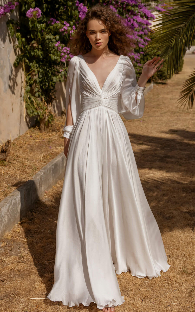 Simple Casual A-Line Petal Long Sleeve Wedding Dress Flowy Unique V-Neck Criss Cross Ruched Bridal Gown Simple Casual A-Line Petal Long Sleeve Wedding Dress Flowy Unique V-Neck Criss Cross Ruched Bridal Gown