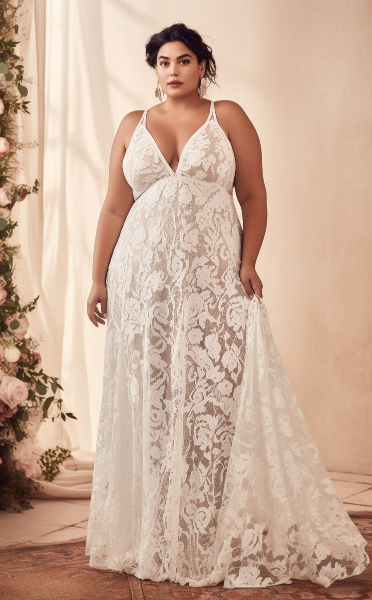 Floral Beach Plus Size Casual A-Line Boho Lace Maxi Wedding Dress with Plunging Neckline and Empire Waist Floral Beach Plus Size Casual A-Line Boho Lace Maxi Wedding Dress with Plunging Neckline and Empire Waist