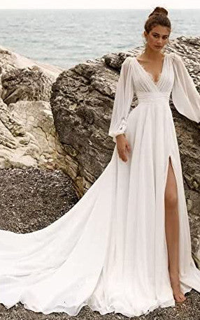 beach casual flowy wedding dresses Modest Elegant A-Line Split Front Dress Simple Fl – DorrisDress please check our Color Secondary Fabric Content:100% POLYESTER Long sleeves White Prom Dresses – Color:Red Plum