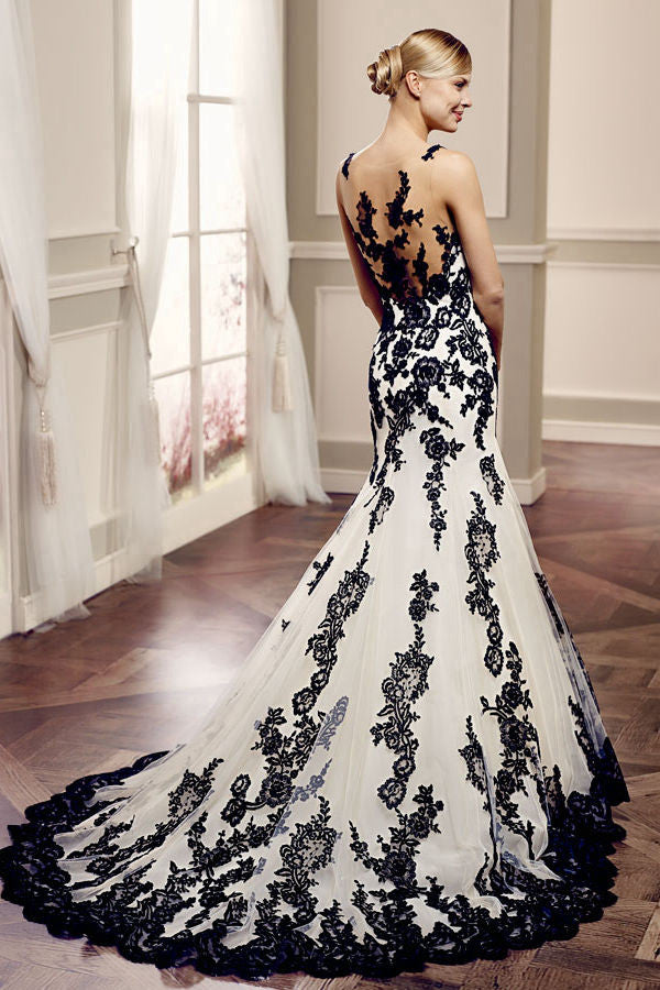 Gothic Mermaid Black and White Lace Wedding Dresses Whimsical Spaghett – DorrisDress