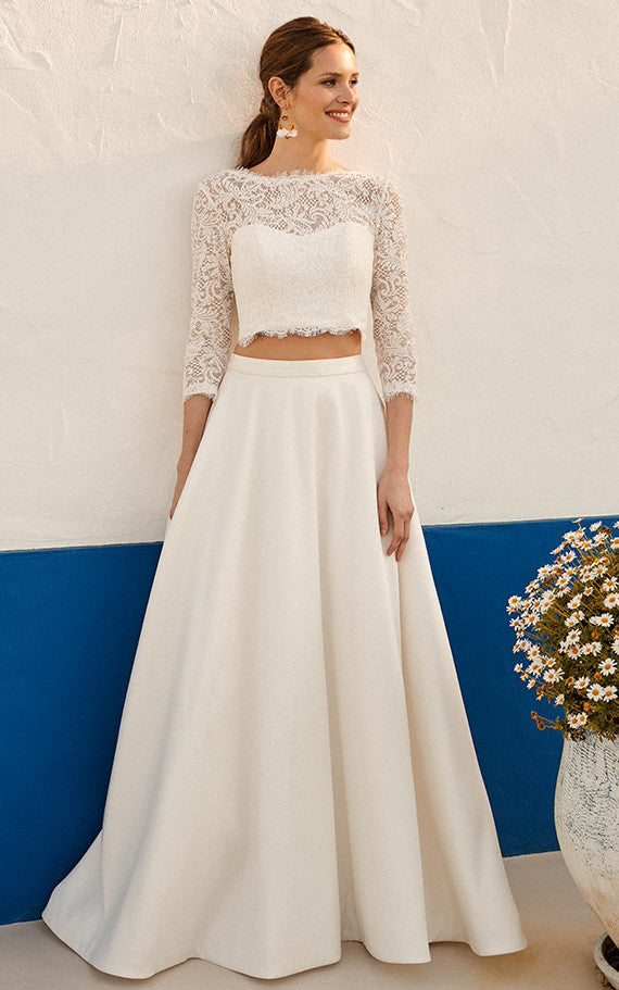Modest Beach A-Line Two Piece 3/4 Length Sleeve Wedding Dress Casual G DorrisDress Modest Beach A-Line Two Piece 3/4 Length Sleeve Wedding Dress Casual G DorrisDress