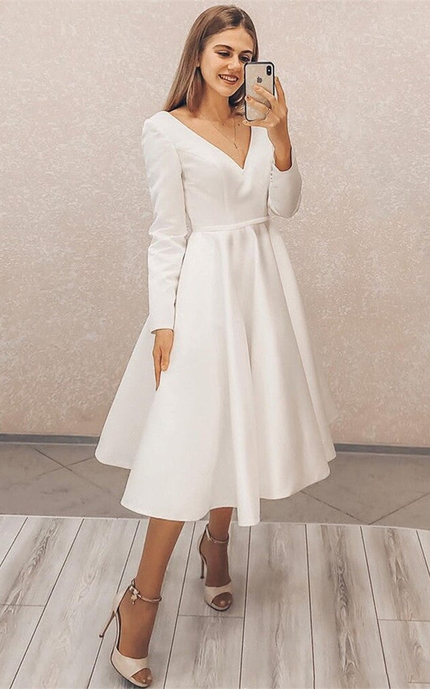 Vintage Modest A-Line Tea Length Satin Wedding Dress Simple Casual Long  Sleeve V-Neck Zipper Back Bridal Gown