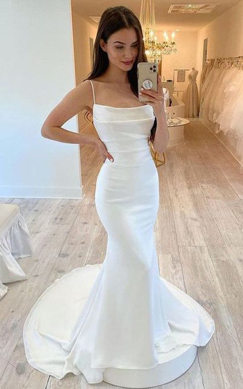 Simple Modest Mermaid Spaghetti Straps Wedding Dress Minimalist Sleeve –  DorrisDress