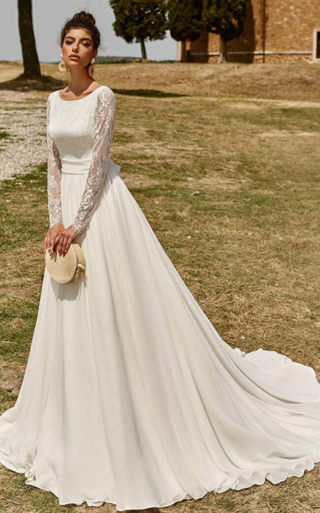 Floral Modest A-Line Ball Gown Wedding Dress Elegant Western Illusion –  DorrisDress