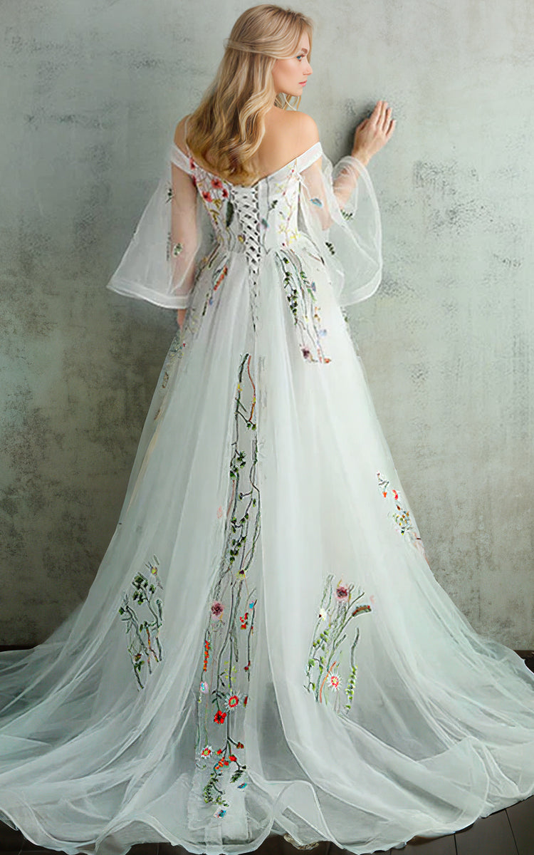 bell sleeve wedding dress Davinci Bridal 50735 Long Lace Sheer Mermaid Bridal Gown 16 / Ivory/Ivory Romantic lace wedding dress with organic flower lace Boho Lace Deep V-Neck Bell
