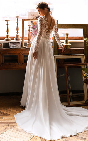 Ethereal Princess Boho Lace A-Line Wedding Dress with Sleeves Floral Garden Beach V-Neck Court Train Bridal Gown