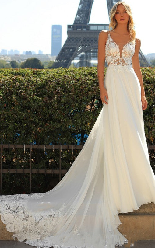 Floral Elegant A-Line Boho Lace Wedding Dress Secy Flowy Romantic Plun – DorrisDress Floral Elegant A-Line Boho Lace Wedding Dress Secy Flowy Romantic Plun – DorrisDress