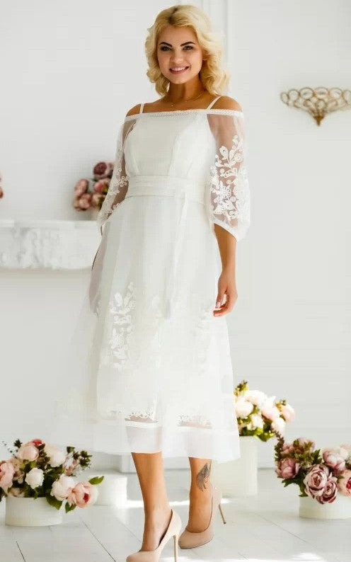 modest off shoulder dress Floral Boho Lace A-Line Off-the-Shoulder Dress for Wedding Vintage Mod –  DorrisDress