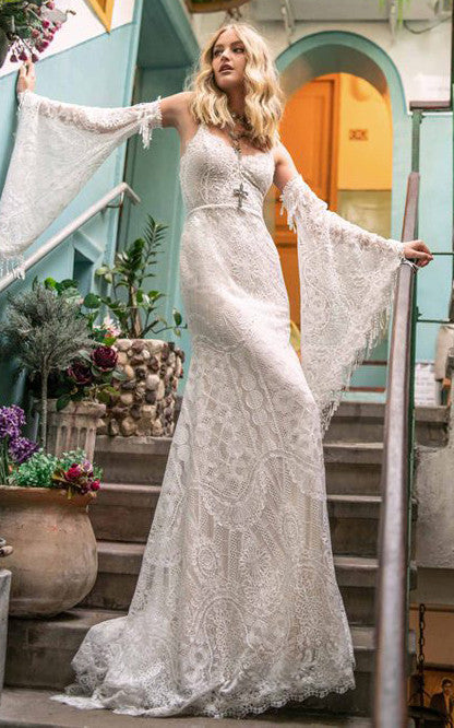 Elegant Floral Mermaid Detachable Bell Sleeves Boho Lace Wedding Dress –  DorrisDress