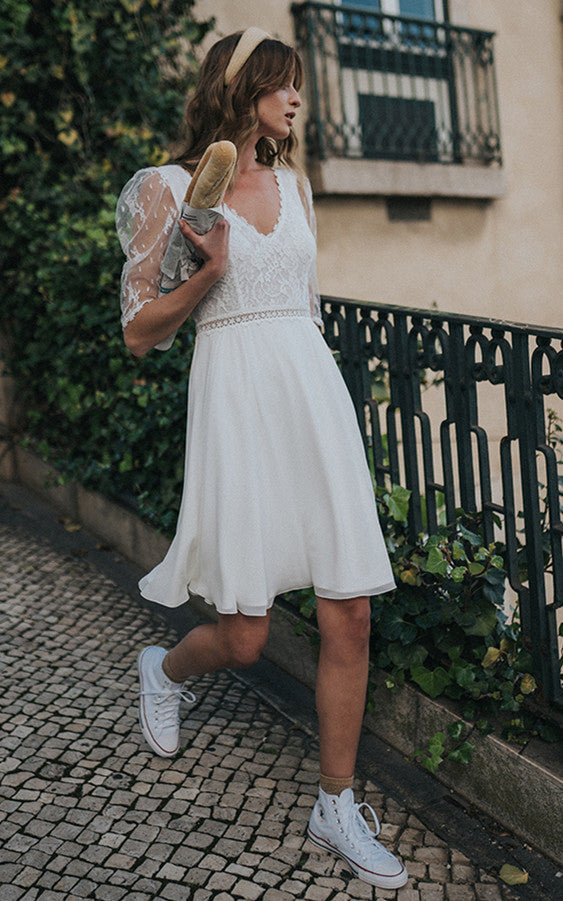 chinese dress ladies Short Simple Casual A-Line Boho Lace Mini Wedding Dress Vintage Half S –  DorrisDress