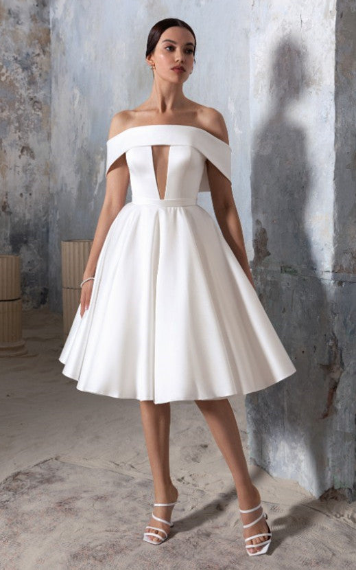 Sexy Elegant Short A-Line Off-the-Shoulder Satin Wedding Dress Modern –  DorrisDress