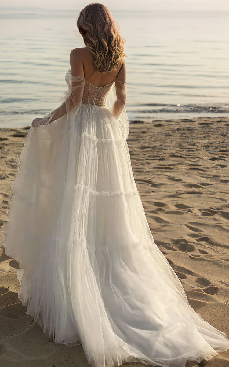 Beach Off-the-Shoulder A-Line Tulle Wedding Dress Sexy High Split Fron