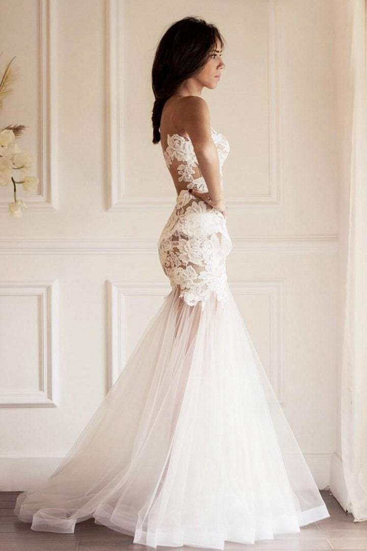 Floral Elegant Mermaid Boho Lace Appliqued Wedding Dress Illusion Roma –  DorrisDress