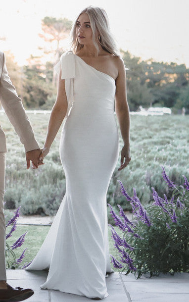 open lace back dress Greek Mermaid One-shoulder Satin Wedding Dress With Open Back And Bow- –  DorrisDress