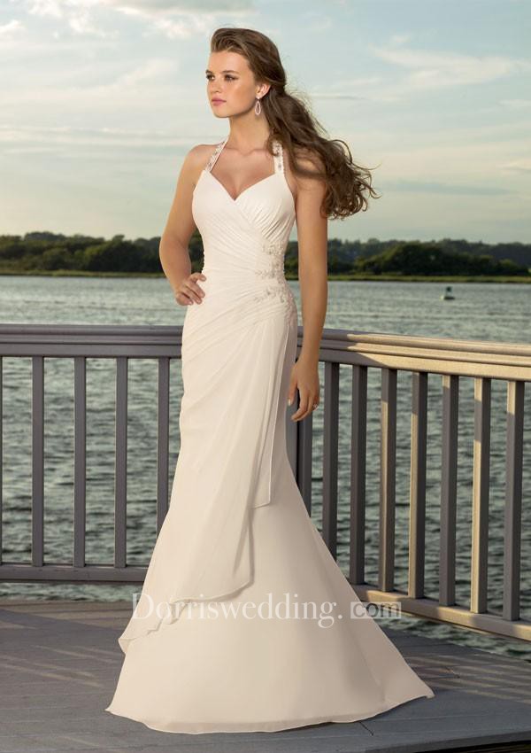 Halter Strap Wedding Dress Sheath V-neck Halter Chiffon Wedding Dress