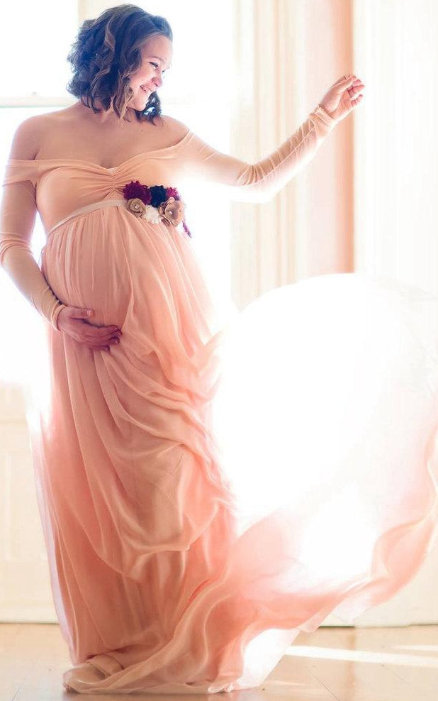 white christmas dresses Off-the-shoulder Long Sleeve Chiffon Maternity Dress With Split  Front&Split-105846