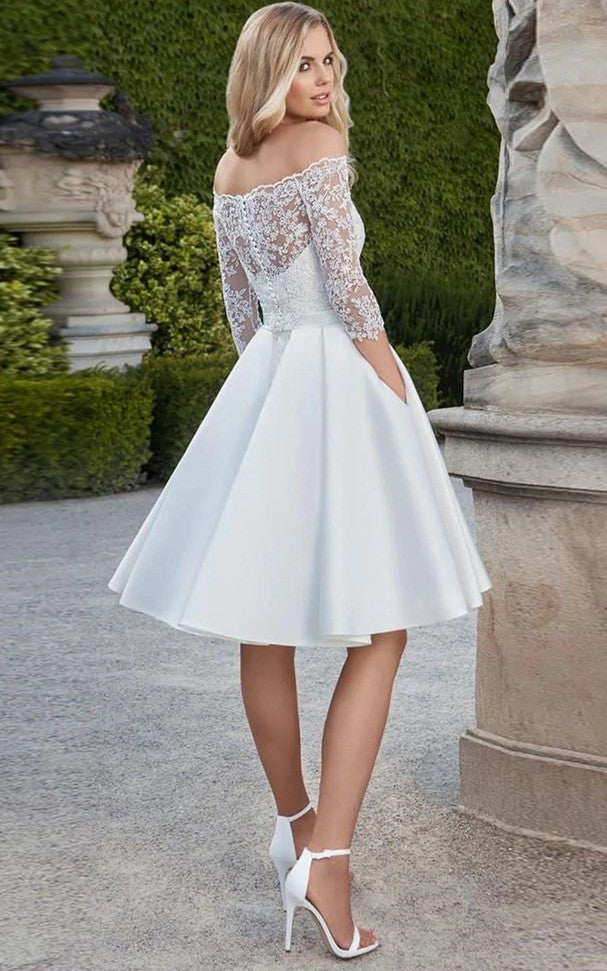 Off-the-shoulder A Line Satin Knee-length Wedding Dress with Sash-7160 ...