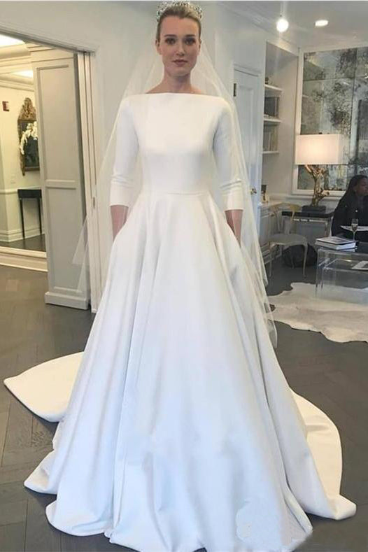 a line 3/4 sleeve wedding dress 3/4 length sleeve lace wedding dress  Tulip Bridal