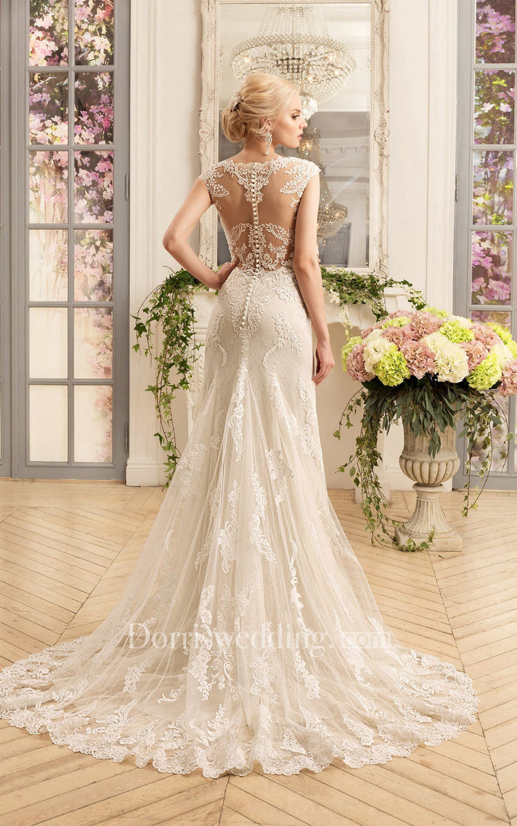 Illusion Lace Floor-length Dress with Half Sleeves Moss