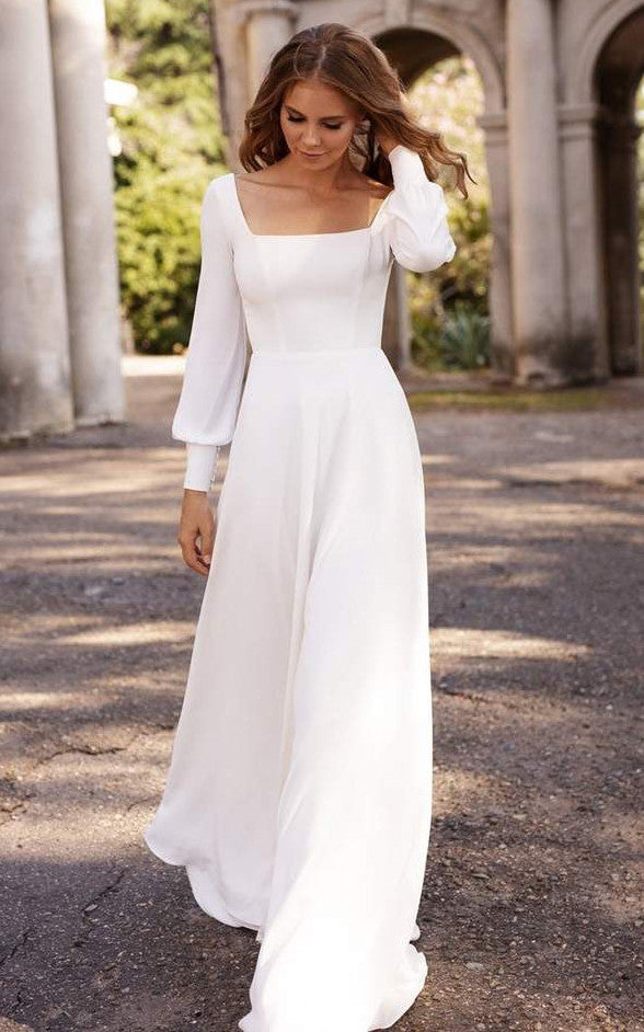 Simple Modest Square A Line Floor-length Sweep Train Long Sleeve Wedding Dress-716022 Simple Modest Square A Line Floor-length Sweep Train Long Sleeve Wedding Dress-716022