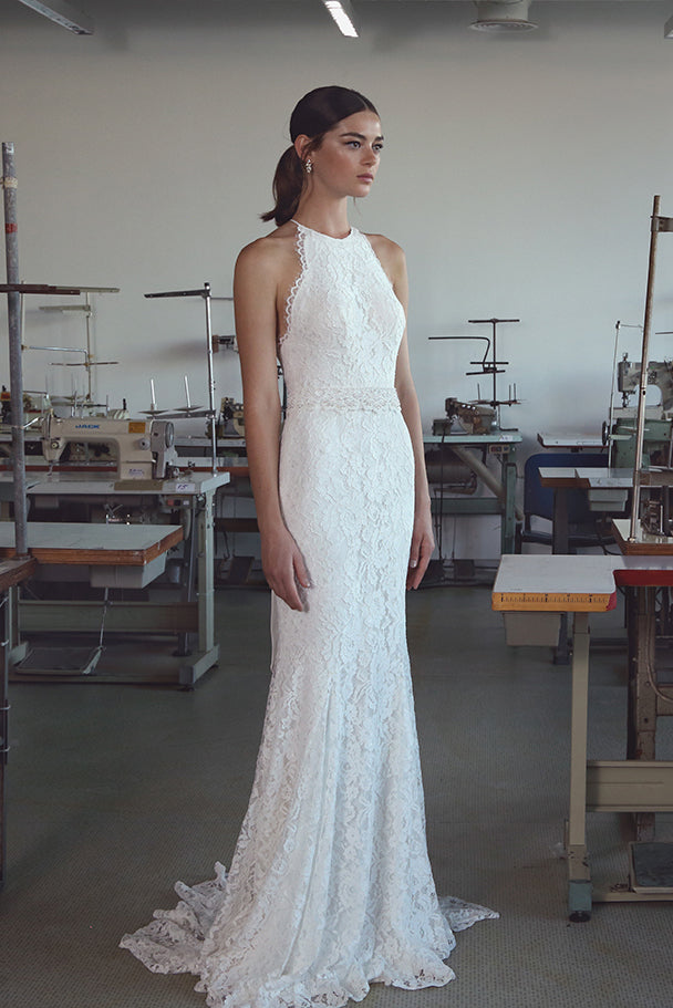 Elegant Boho Lace Halter Sheath Sleeveless Sweep Train Wedding Dress-7 DorrisDress Elegant Boho Lace Halter Sheath Sleeveless Sweep Train Wedding Dress-7 DorrisDress