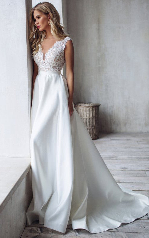 Satin Lace Floor-length Court Train A Line Sleeveless Romantic Wedding   DorrisDress