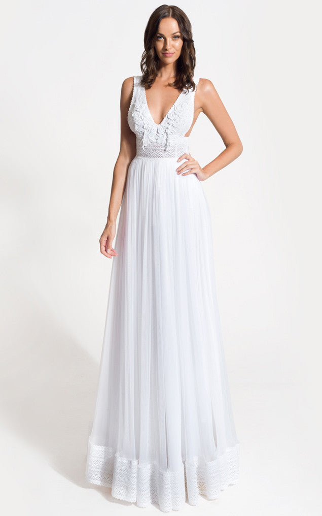 Grecian A-Line V-neck Lace Tulle Wedding Dress With Open Back And Appl –  DorrisDress
