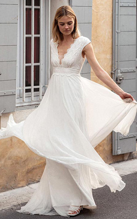 Bohemian V-neck Chiffon Lace A Line Short Cap Sleeve V Back Wedding Dr –  DorrisDress