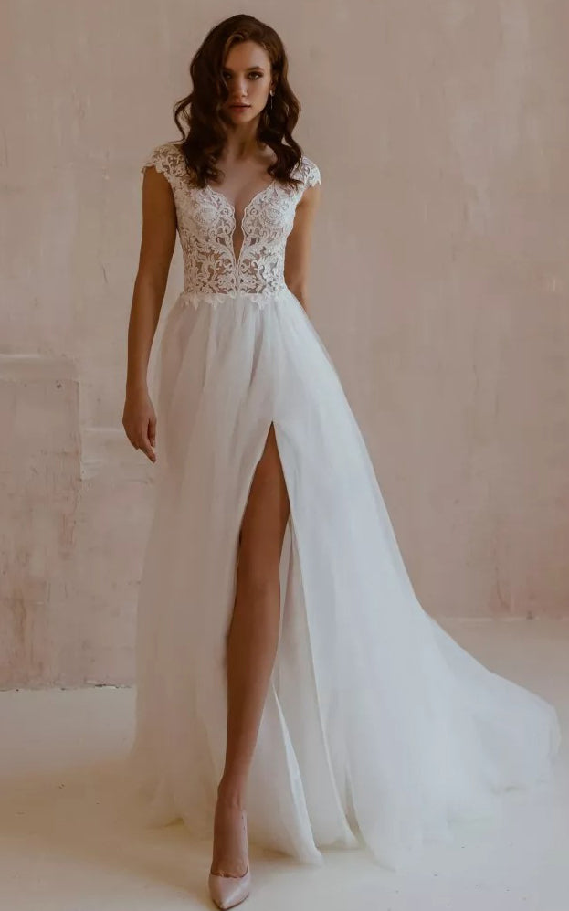 Sexy A Line Lace Tulle Short Sleeve V-neck Sweep Train Wedding Dress w DorrisDress Sexy A Line Lace Tulle Short Sleeve V-neck Sweep Train Wedding Dress w DorrisDress