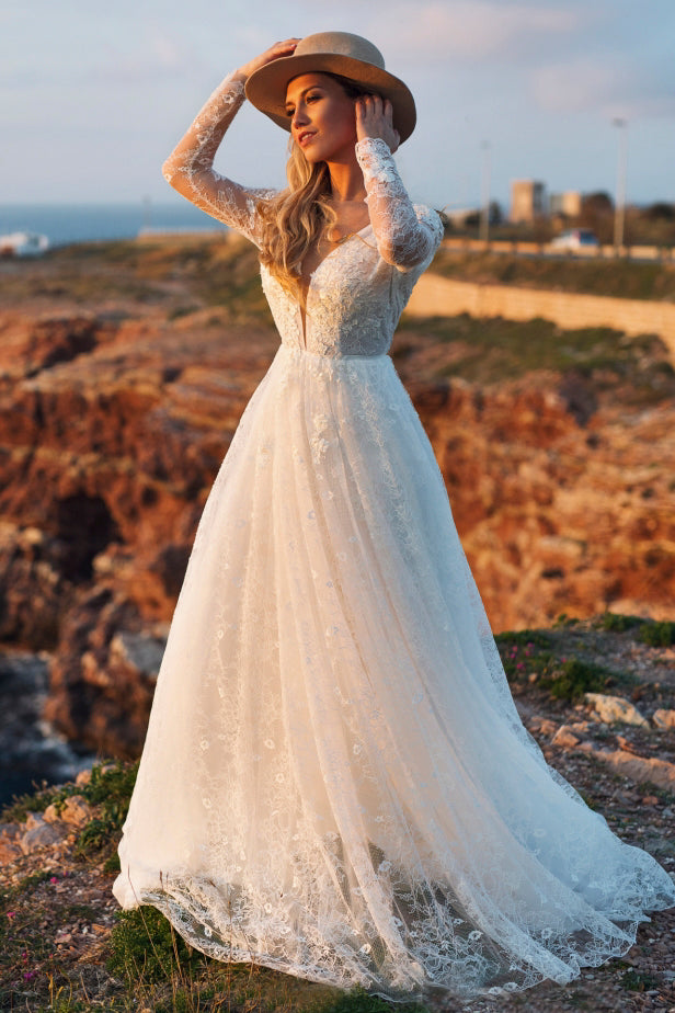 A-line Long Sleeve Plunging Neckline Lace Wedding Dress with Deep V-back-715771 A-line Long Sleeve Plunging Neckline Lace Wedding Dress with Deep V-back-715771