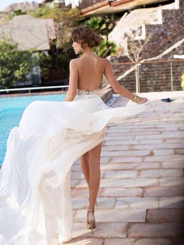 A-Line Princess Halter Sleeveless Lace Chiffon Sweep Brush Train Dress DorrisDress A-Line Princess Halter Sleeveless Lace Chiffon Sweep Brush Train Dress DorrisDress