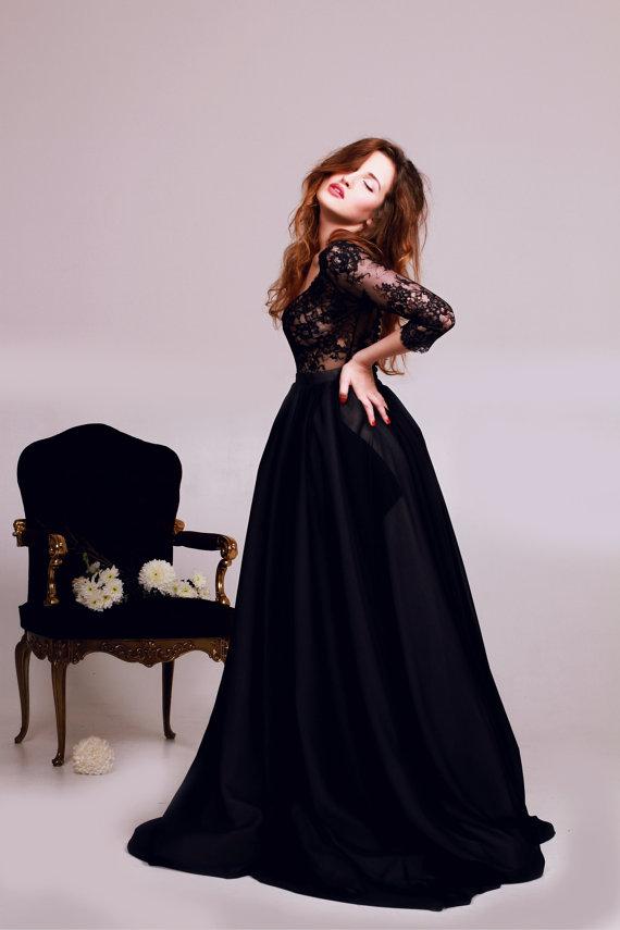 Sexy Black Lace Appliques V-neck 2018 Evening Dress 3-4-Length Sleeve   DorrisDress