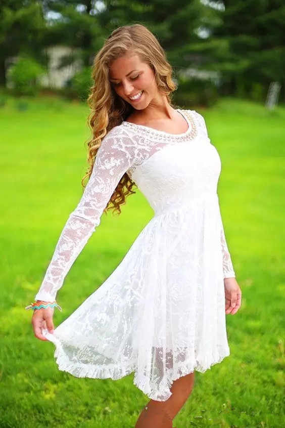Classic Long Sleeves Lace Beach Knee-Length Wedding Dress With Beadings-715631 Classic Long Sleeves Lace Beach Knee-Length Wedding Dress With Beadings-715631