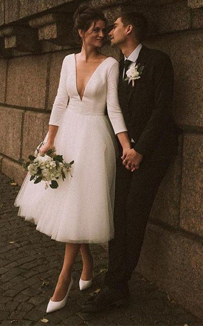 fitted lace wedding dress Wedding Dresses Tea Length Vintage 1950s with Pleats main image 0