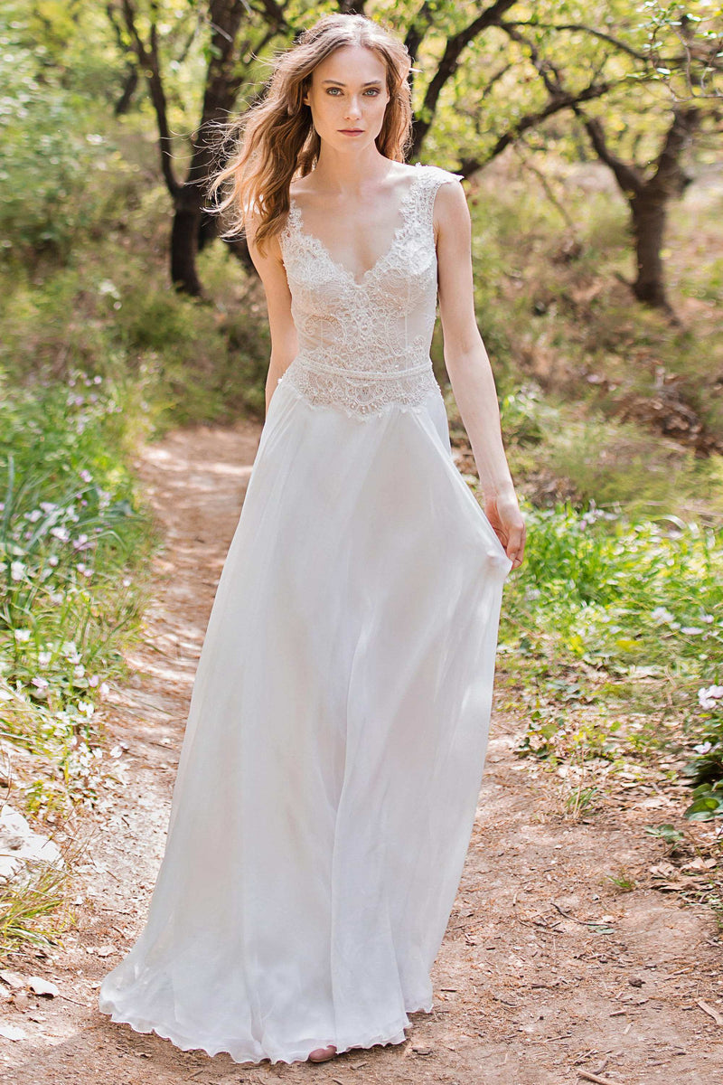 Plunged Cap-Sleeve Chiffon Sheath Wedding Dress With Lace-715063 – DorrisDress