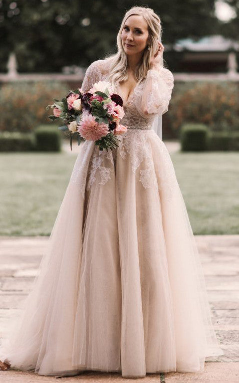 Ethereal Floor-length Train Long Sleeve Lace A Line Wedding Dress with Appliques-716289 Ethereal Floor-length Train Long Sleeve Lace A Line Wedding Dress with Appliques-716289