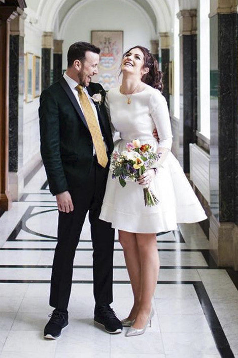 3/4 Sleeve Knee Length Satin Wedding Dress With Bateau Neckline And Ru   DorrisDress