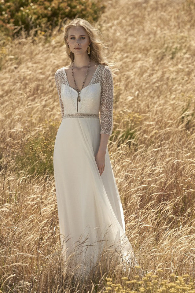 3 4 sleeve chiffon wedding dress 3/4 Sleeve Chiffon Elegant Wedding Dress With Lace Top And Keyhole  Back-715878