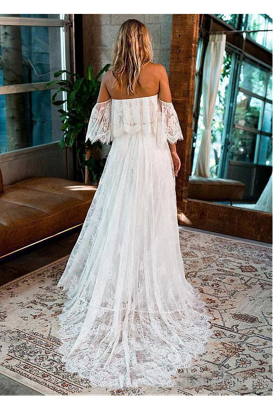 Boho Off-The-Shoulder Lace Wedding Dress With Court Train-715634 – DorrisDress