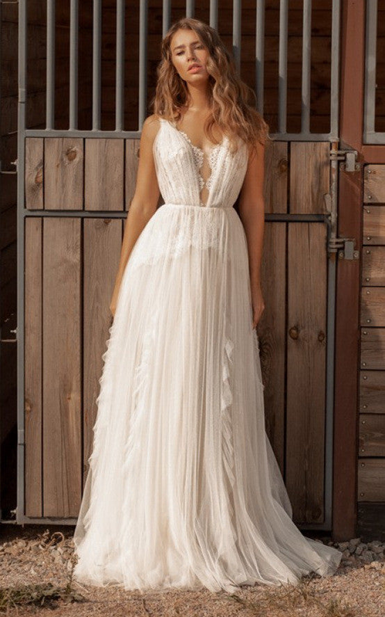 Romantic A-Line Plunging Neck Tulle Wedding Dress with Ruching-716427   DorrisDress