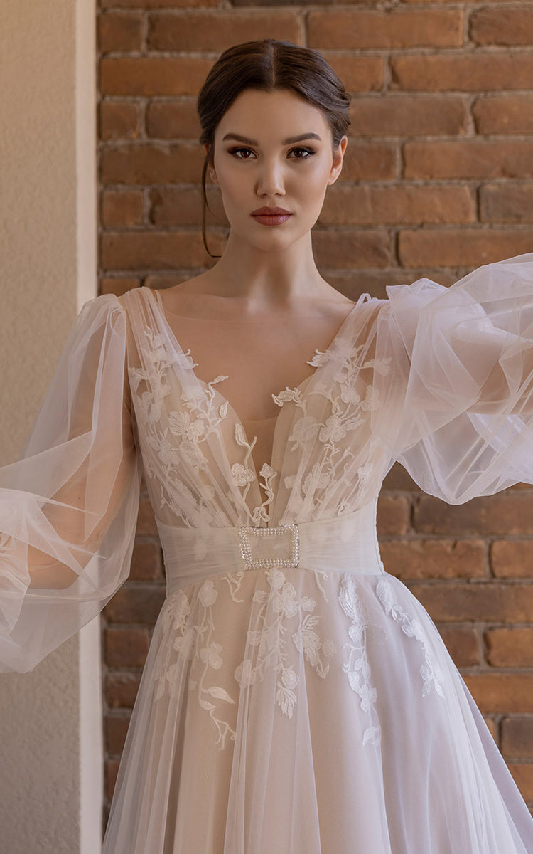 ALine Casual Vneck Lace Wedding Dress With DeepV Back And Appliques