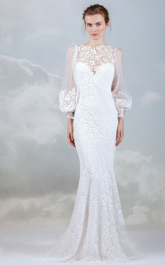 fitted lace wedding dress Modern Lace Bateau Long Sleeve Wedding Dress With Low-V Back-716168 –  DorrisDress