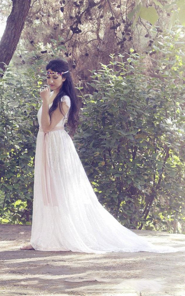 knee length dresses for ladies Ivory Bohemian Scoop Neckline Open Back Lace Wedding Dress TN385 US16 / Custom Color main image 1