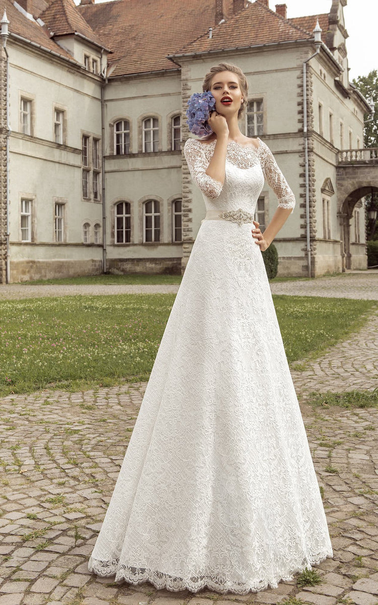 Scalloped Neckline Half Sleeve Floor-length A-line Lace-up Dress With –  DorrisDress