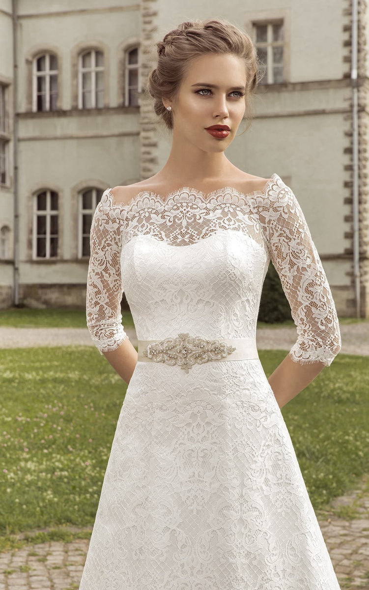 Scalloped Neckline Half Sleeve Floor-length A-line Lace-up Dress With DorrisDress Scalloped Neckline Half Sleeve Floor-length A-line Lace-up Dress With DorrisDress