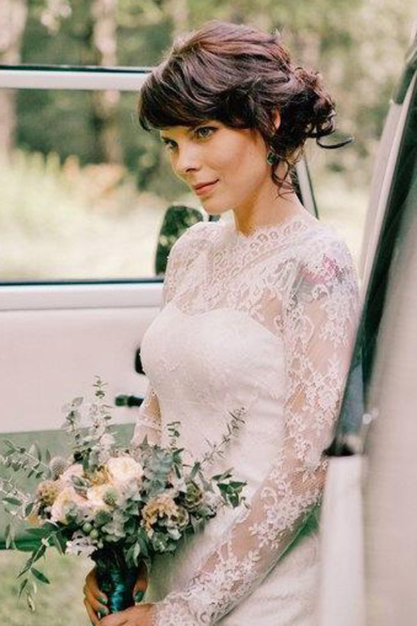 fitted lace wedding dress High Neck Lace Long Sleeve Knee-Length Wedding Dress-714900