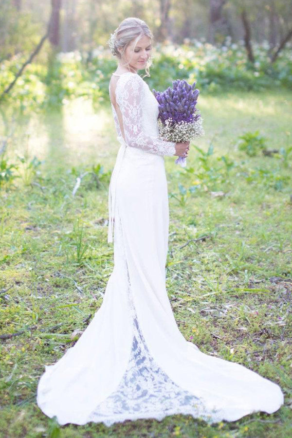 Scoop-Neck Lace Long Sleeve Illusion Chiffon Backless Dress With Sweep ... Scoop-Neck Lace Long Sleeve Illusion Chiffon Backless Dress With Sweep ...