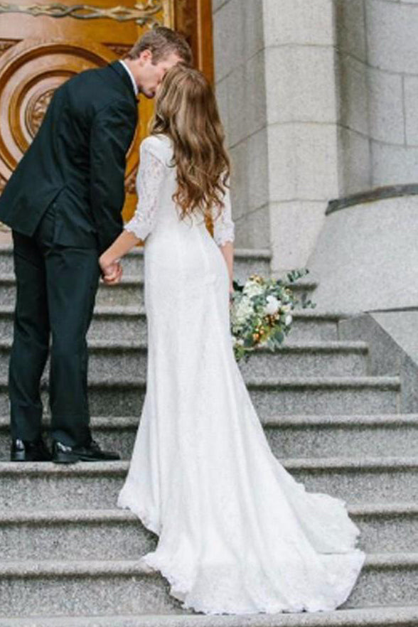 Country Style Vintage Modest Bohemian Lace Chiffon Wedding Gown With L – DorrisDress
