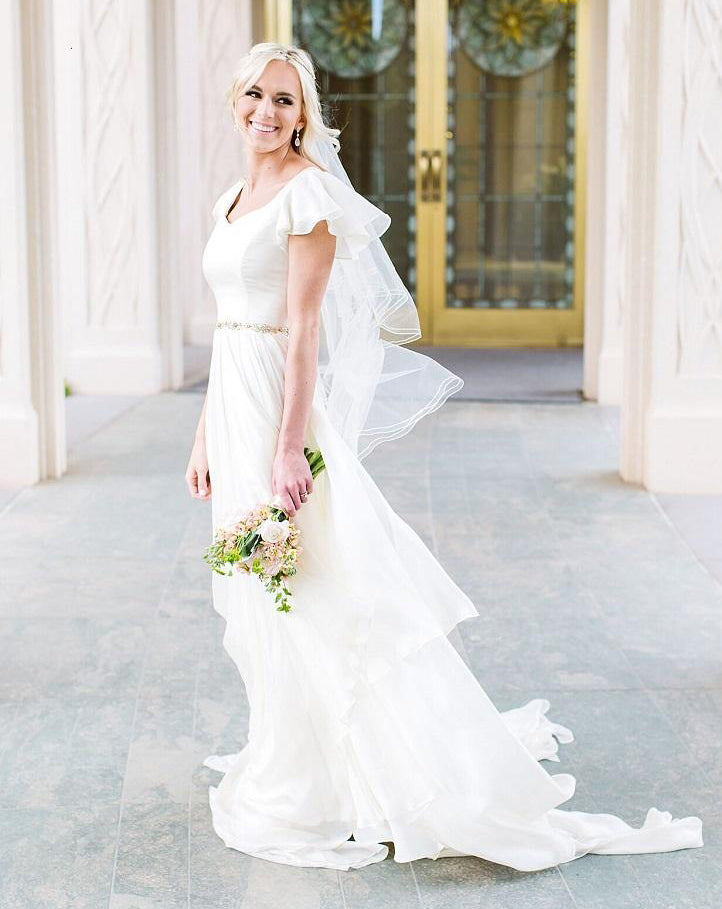 Flowy Short Beach Wedding Dresses Flowy Beach Short Sleeves Beaded Belt Temple Chiffon Modest Wedding Dress- Flowy Short Beach Wedding Dresses Flowy Beach Short Sleeves Beaded Belt Temple Chiffon Modest Wedding Dress-