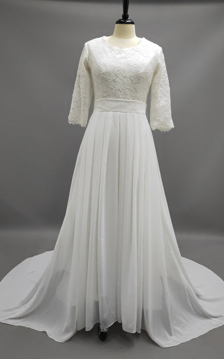 Informal Modest Beach Scoop Neck Lace Chiffon Wedding Dress With 3-4  Sleeves-715366